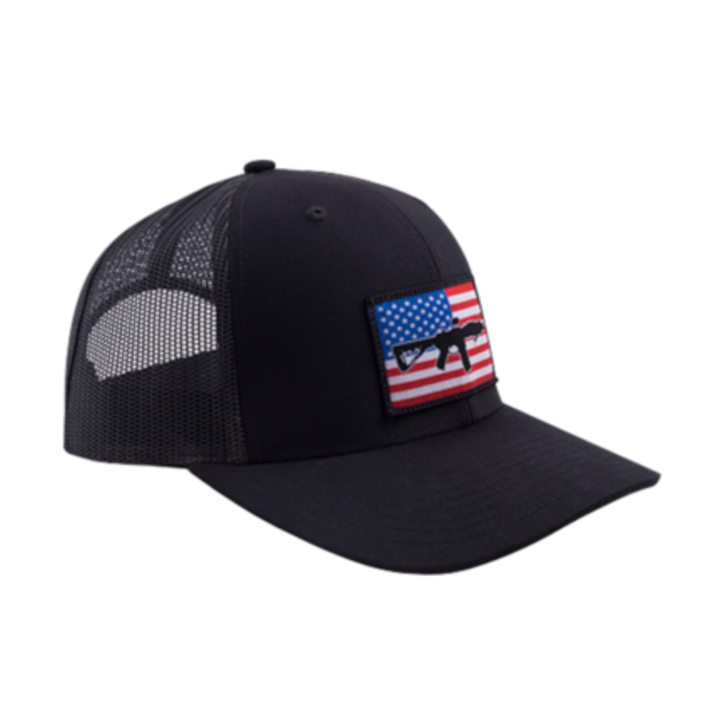 AR Flag Patch Trucker Hat - Black / Black Mesh